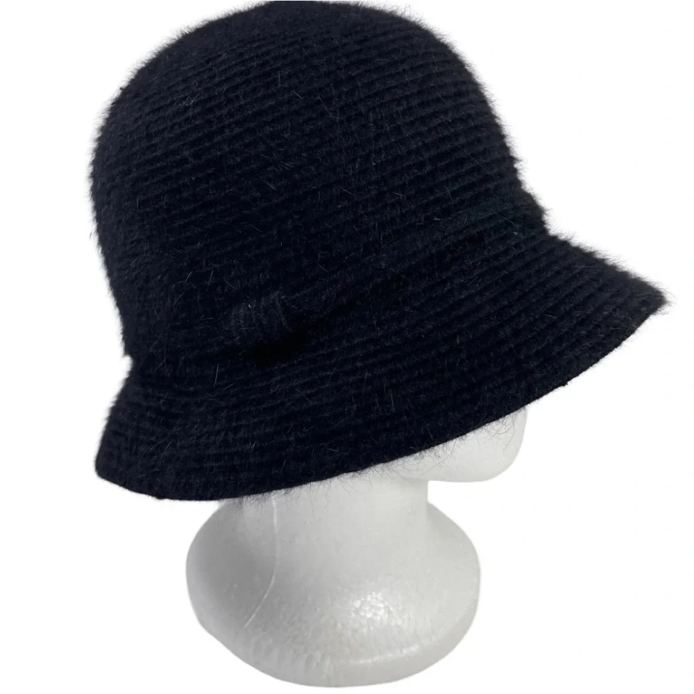 Vintage Nine West Angora Blend Cloche Bucket Hat Womens Black Fuzzy Bow Y2K